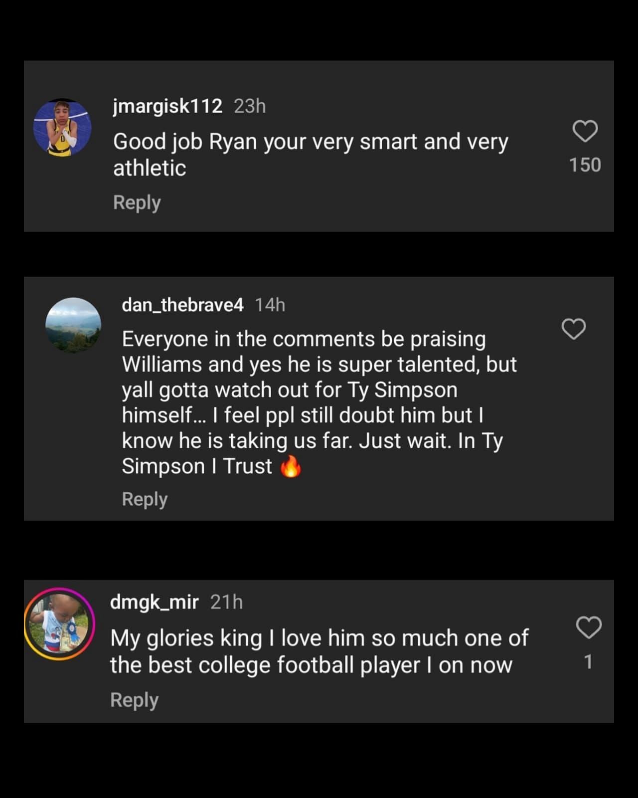 Fan reactions on @alabamafbl's IG post